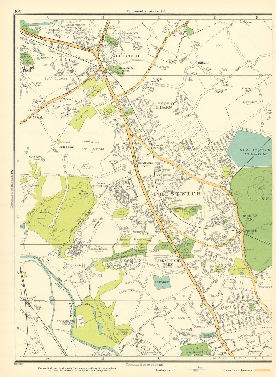 LANCASHIRE Manchester Prestwich Whitefield Half Acre Besses o'Th'Barn 1935 map