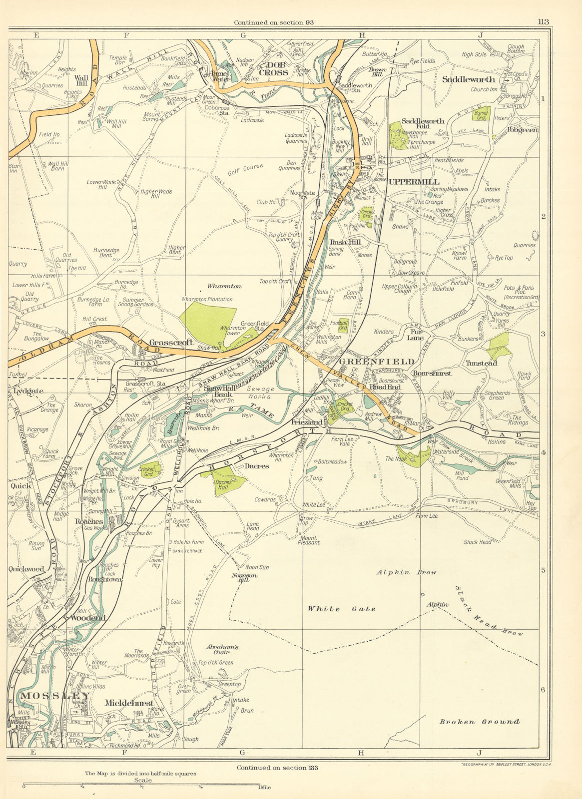 LANCASHIRE Mossley Micklehurst Woodend Greenfield Uppermill Dobcross 1935 map