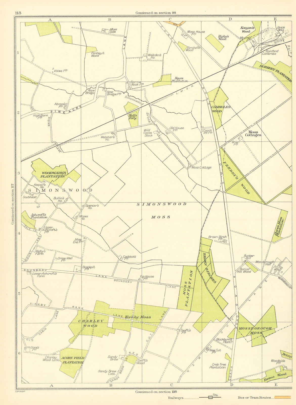 Associate Product LANCASHIRE.Simonswood Moss,Charley Wood,Moss Cottage,Hall's Folly 1935 old map
