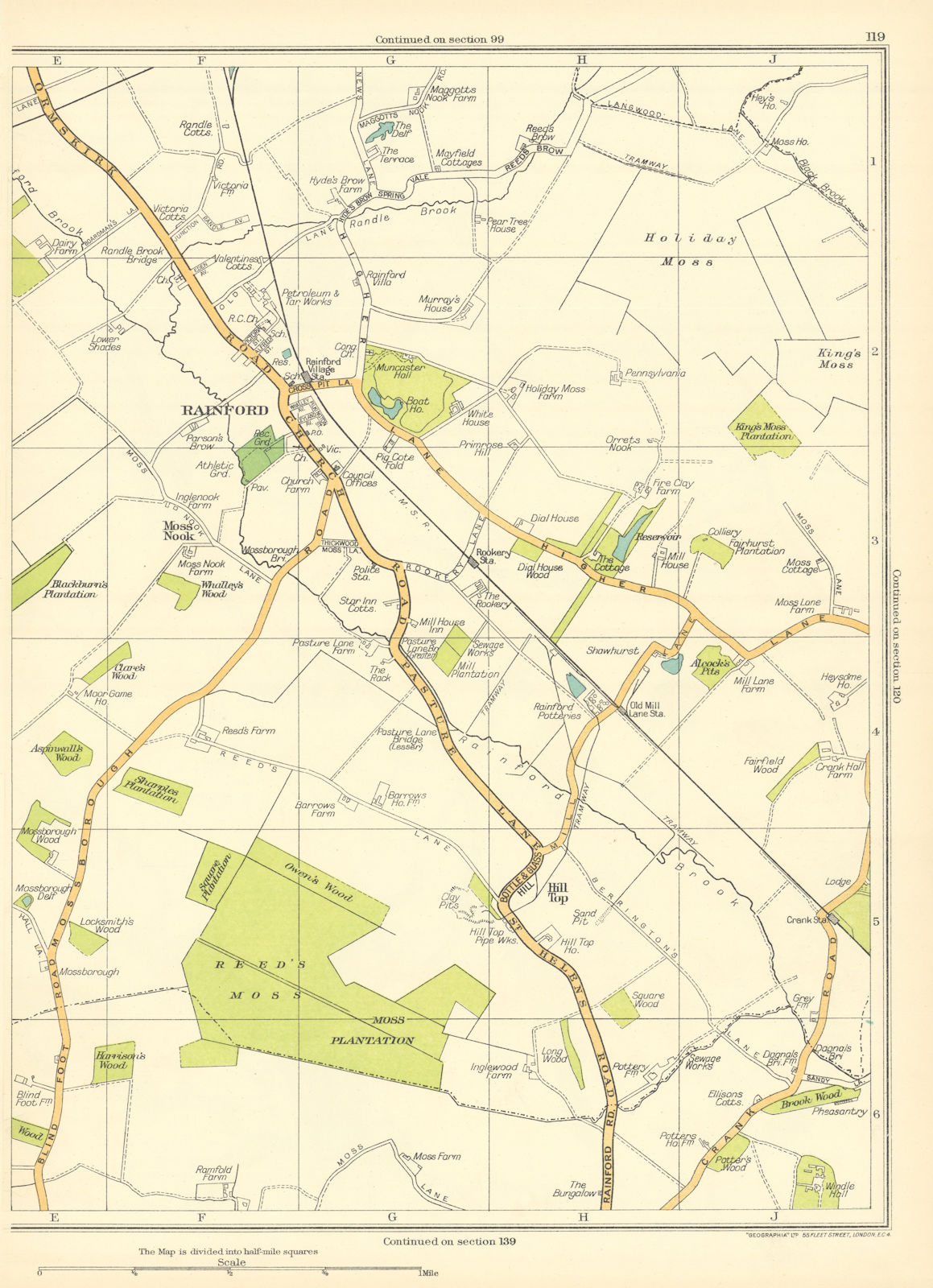 Associate Product LANCASHIRE.Rainford,Moss Nook,Reed's Moss,Moss Plantation,Hilltop 1935 old map