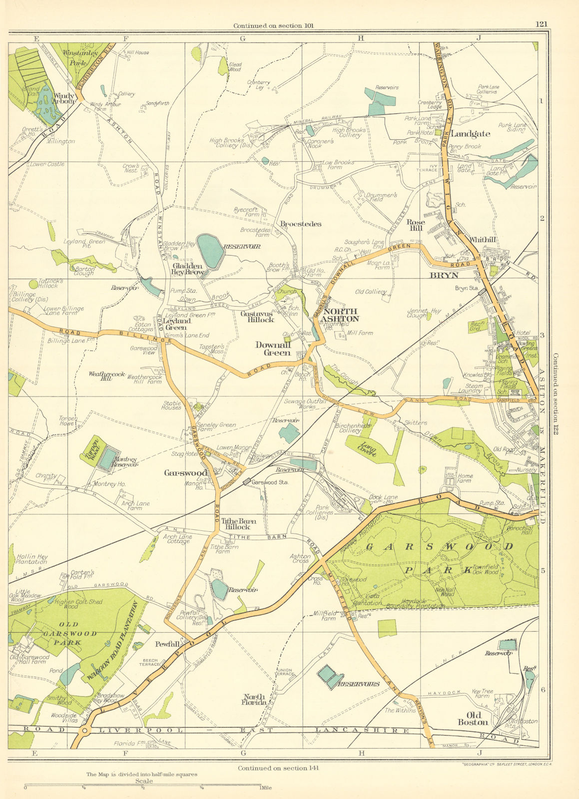 Associate Product LANCS North Ashton in Makerfield Downall Grn Bryn Garswood Old Boston 1935 map