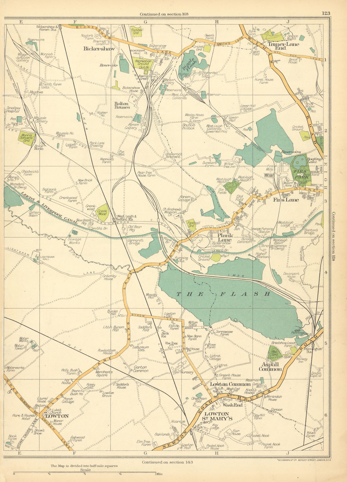 LANCASHIRE Leigh Plank Lane Aspull Common Lowton St Mary's Bickershaw 1935 map