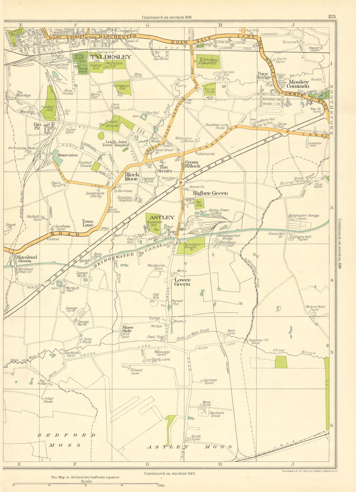 Associate Product LANCASHIRE.Bedford Moss,Astley Moss,Lower Green,Astley,Tyldesley 1935 old map