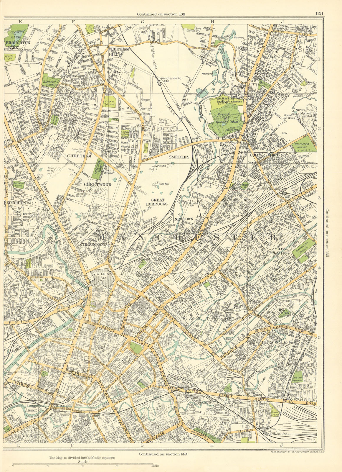 Associate Product MANCHESTER.Great Horrocks,Cheetham Hill,Cheetwood,Smedley,Newtown 1935 old map