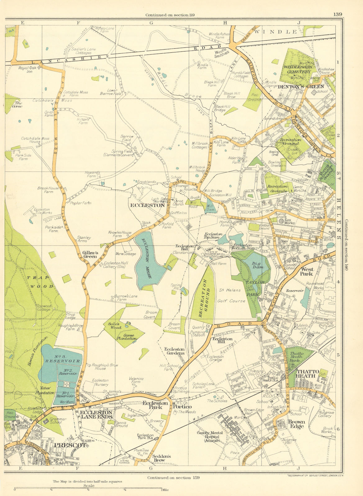 ST HELENS Eccleston Lane Ends Park Prescot Thatto Health 1935 old vintage map