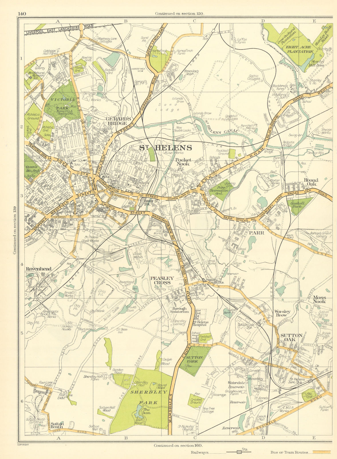 LANCS.St Helens,Sutton Oak,Peasley Cross,Ravenhead,Parr,Gerards Bridge 1935 map