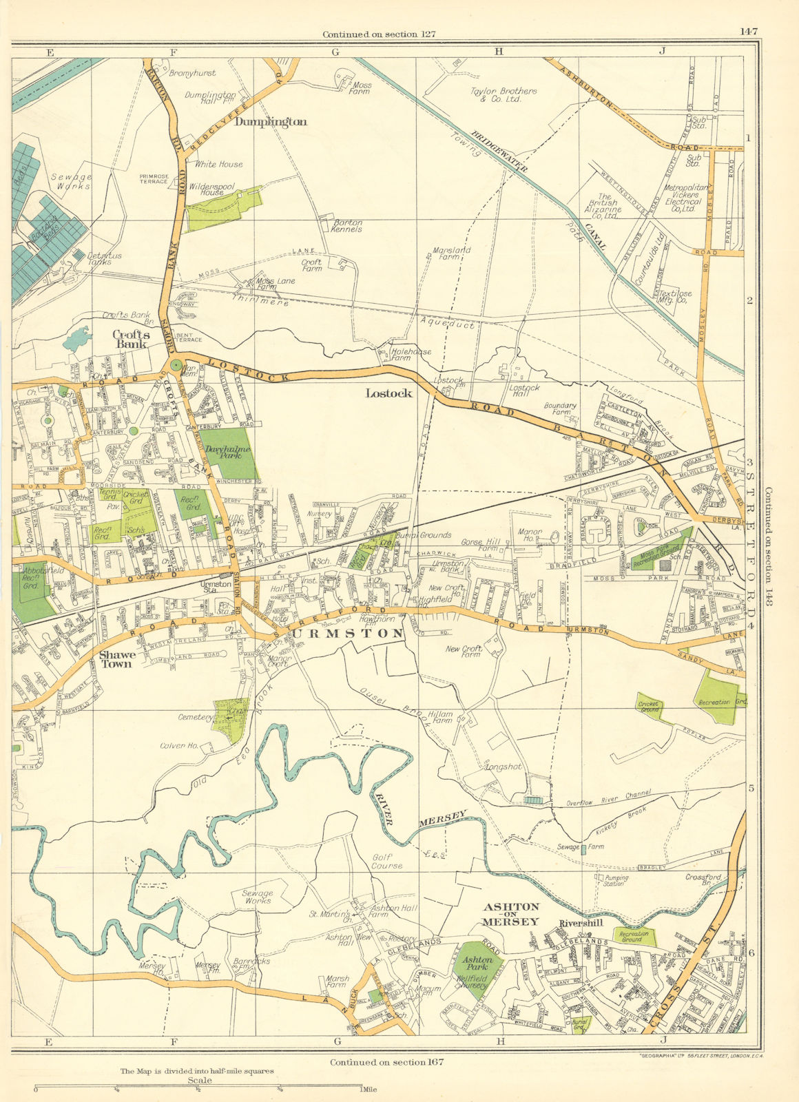 LANCASHIRE Urmston Ashton-on-Mersey Shawe town Crofts Bank Dumplington 1935 map