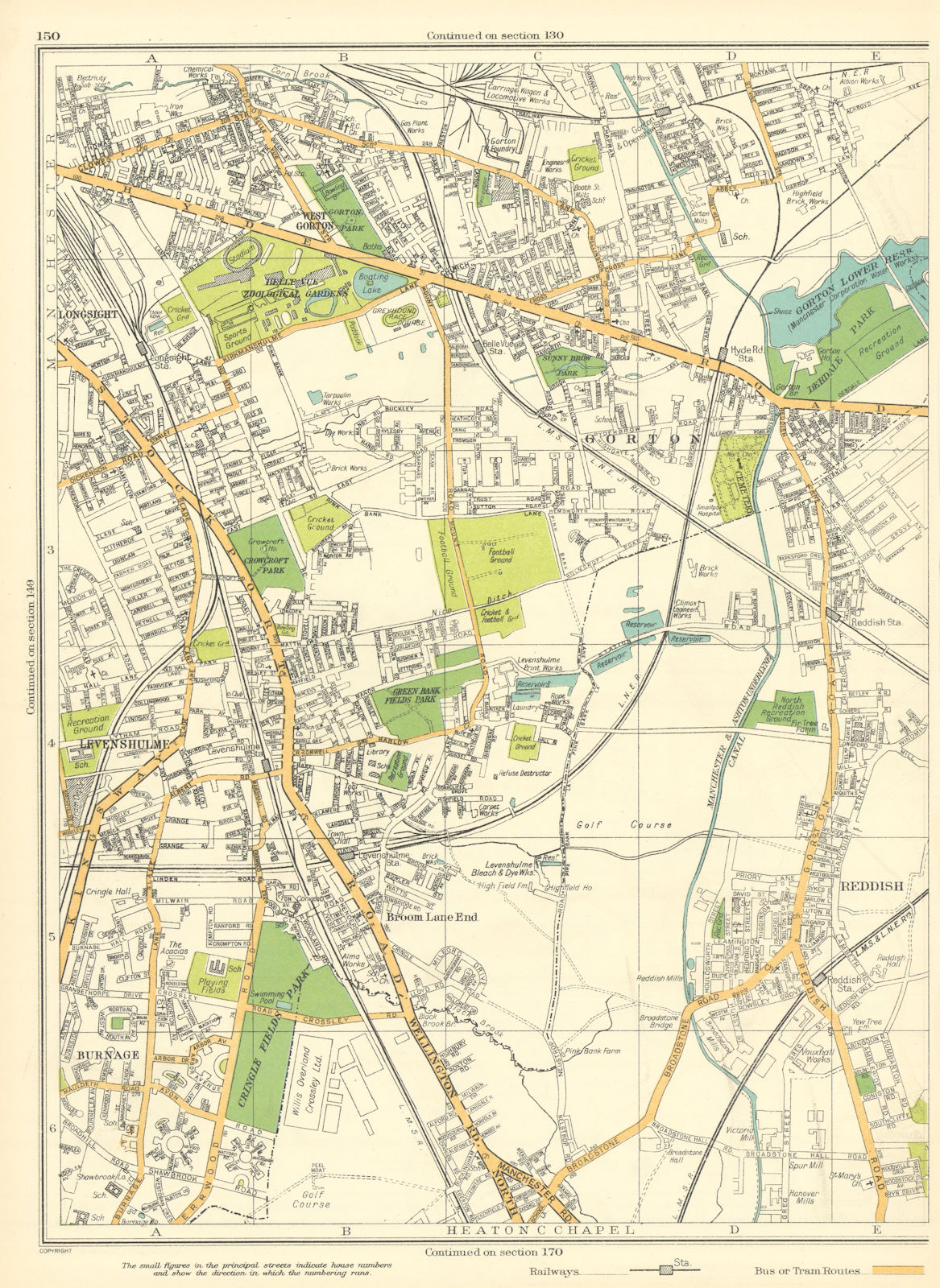MANCHESTER Levenshulme Reddish Gorton Broom Lane End Burnage 1935 old map