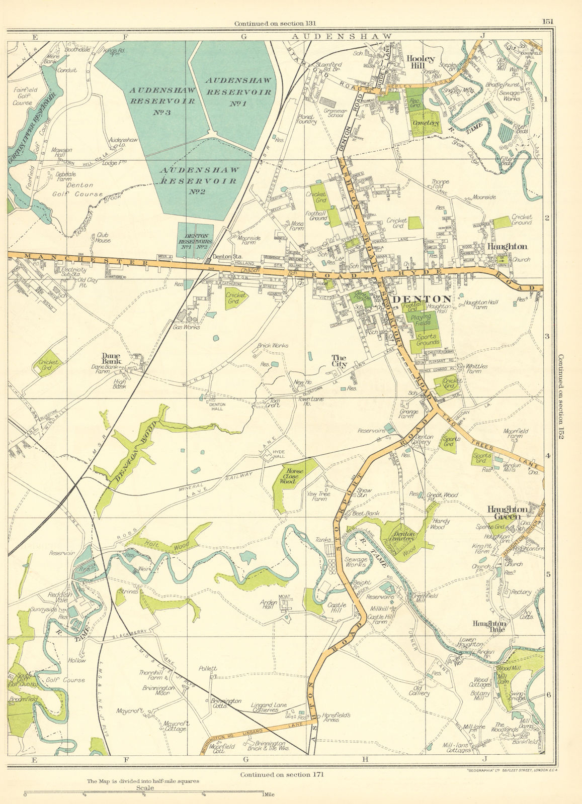 LANCS.Denton,Haughton Green Dale,Dane Bank,Hooley Hill,Audenshaw 1935 old map