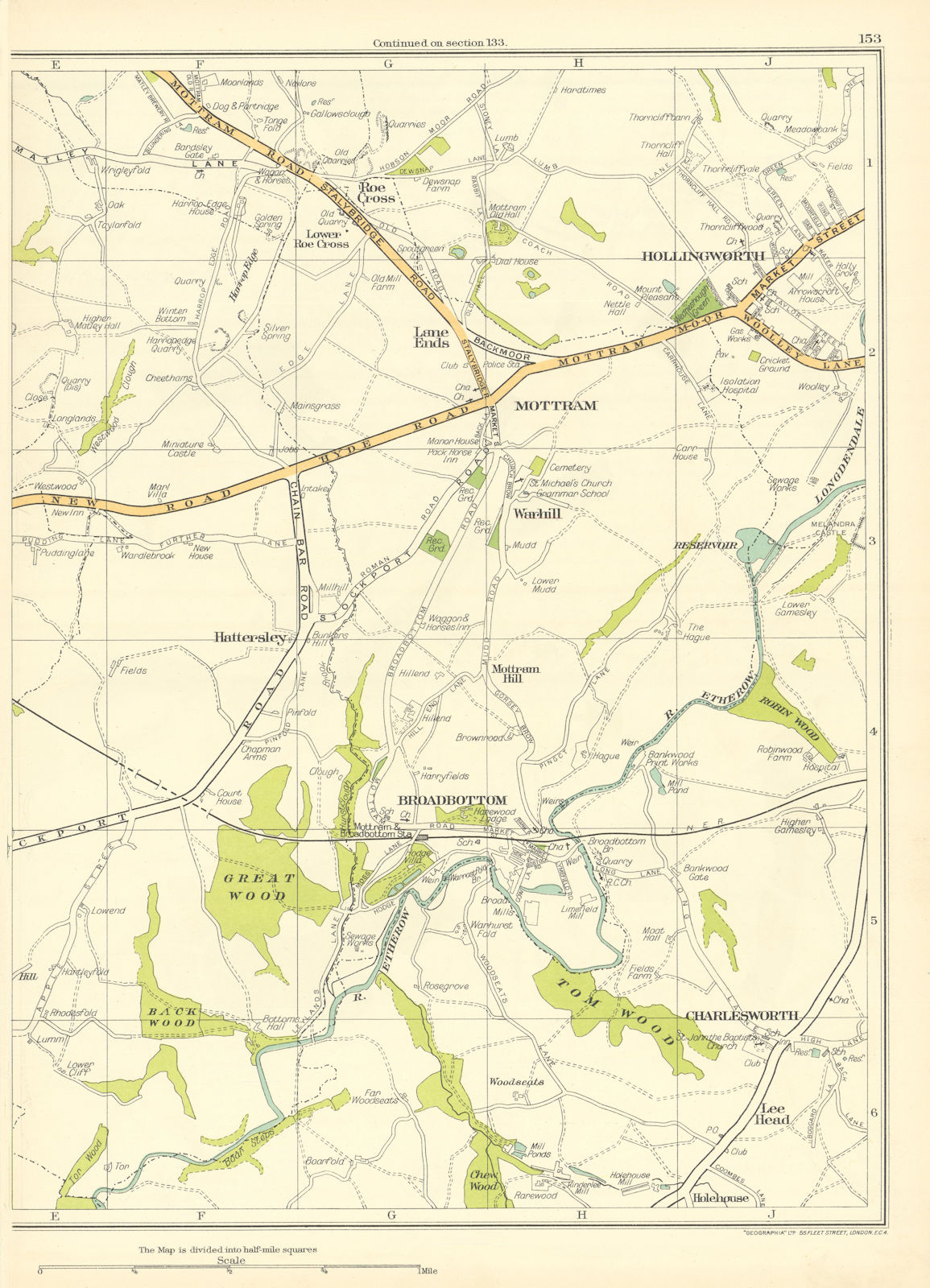 CHESHIRE Gt Wood Broadbottom Mottram Warhill Hollingworth Charlesworth 1935 map