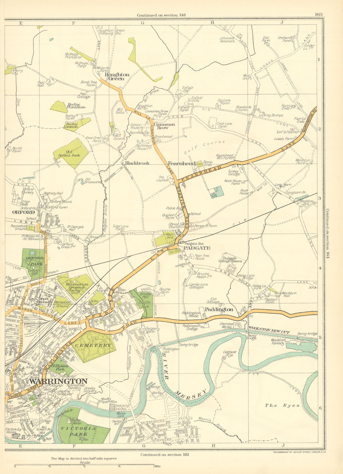 WARRINGTON Orford Padgate Paddington Fearnhead Houghton Green 1935 old map