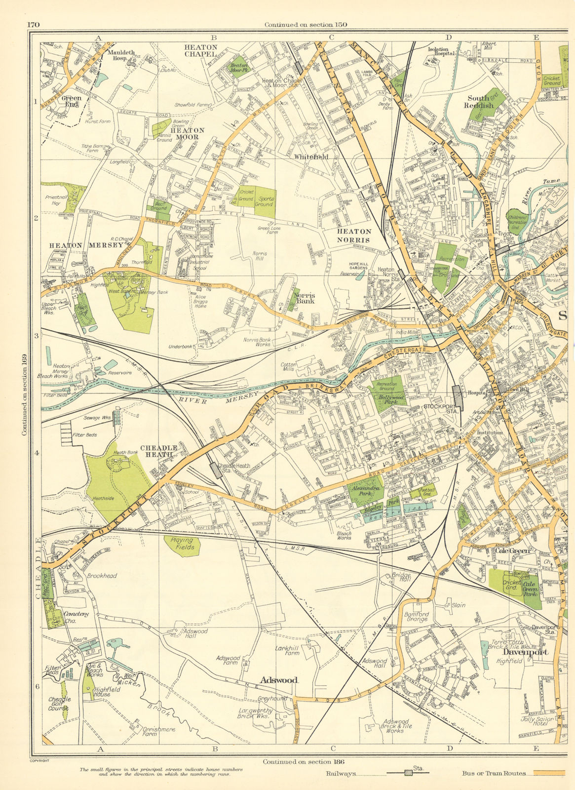 STOCKPORT Heaton Cahpel Norris Cheadle Heath Adswood Davenport Mersey 1935 map