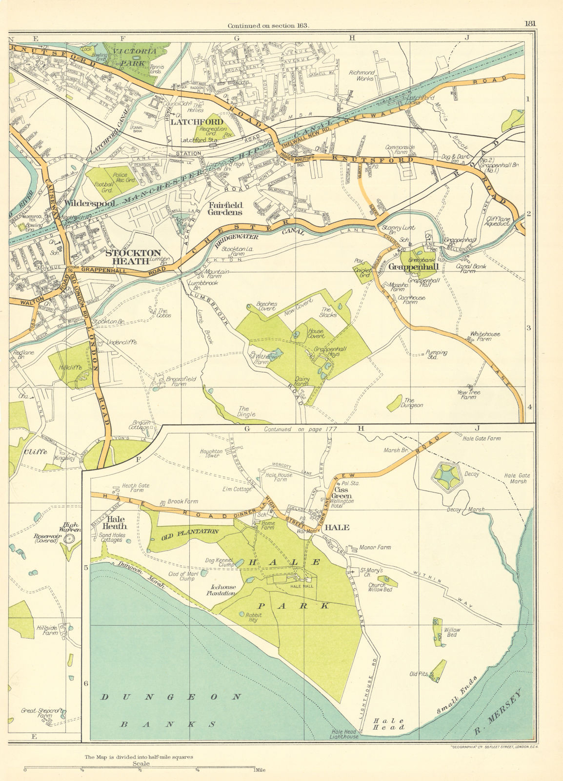 Associate Product CHESHIRE.Warrington,Stockton Heath,Hale,Grappenhall,Latchford 1935 old map