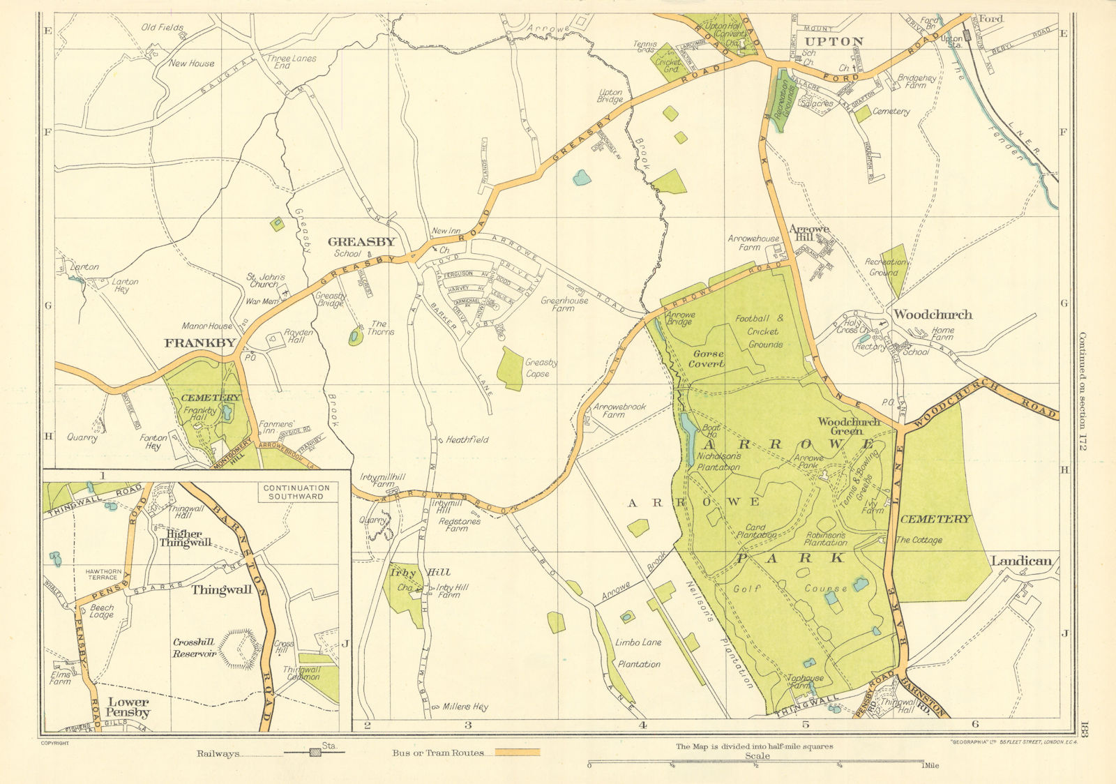 CHESHIRE Greasby Frankby Thingwall Lower Pensby Woodchurch Upton 1935 old map