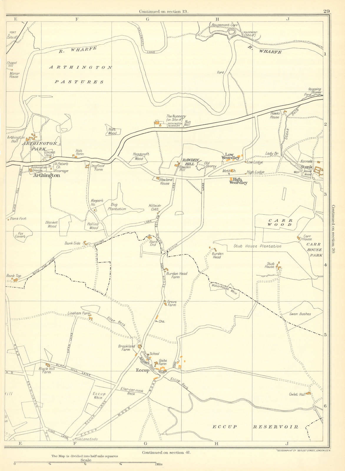YORKSHIRE Arthington Eccup Low Weardley High Weardley Rawden Hill 1935 old map