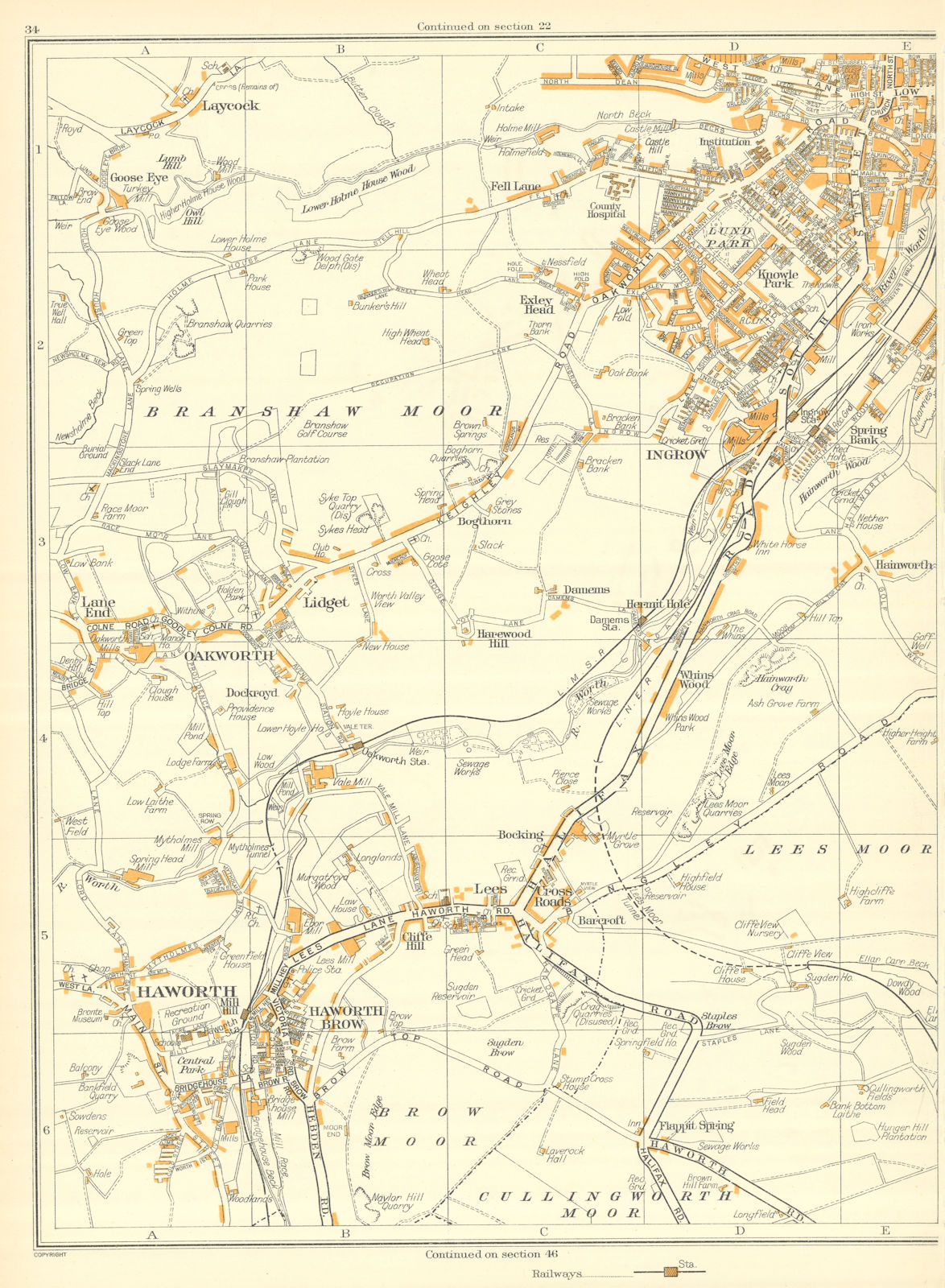 KEIGHLEY Branshaw Moor Lidget Ingrow Laycock Haworth Oakworth 1935 old map