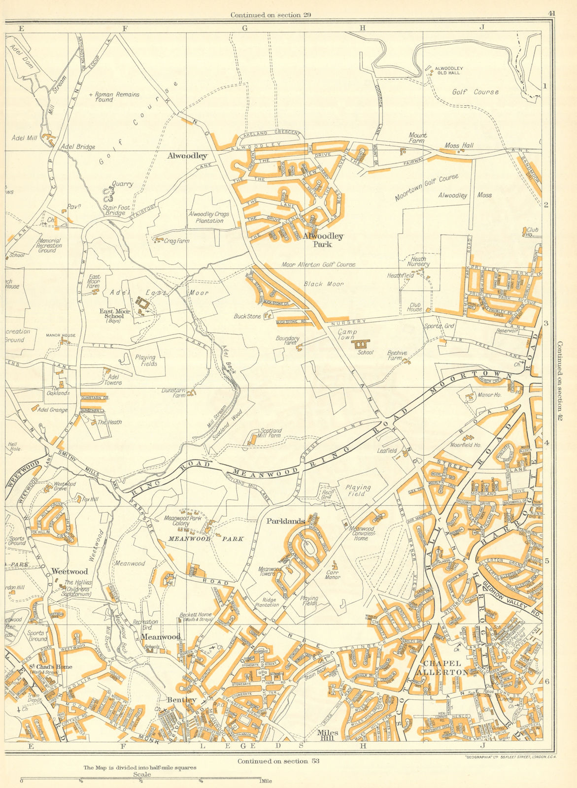LEEDS Alwoodley Meanwood Weetwood Parklands Bentley Chapel Allerton 1935 map