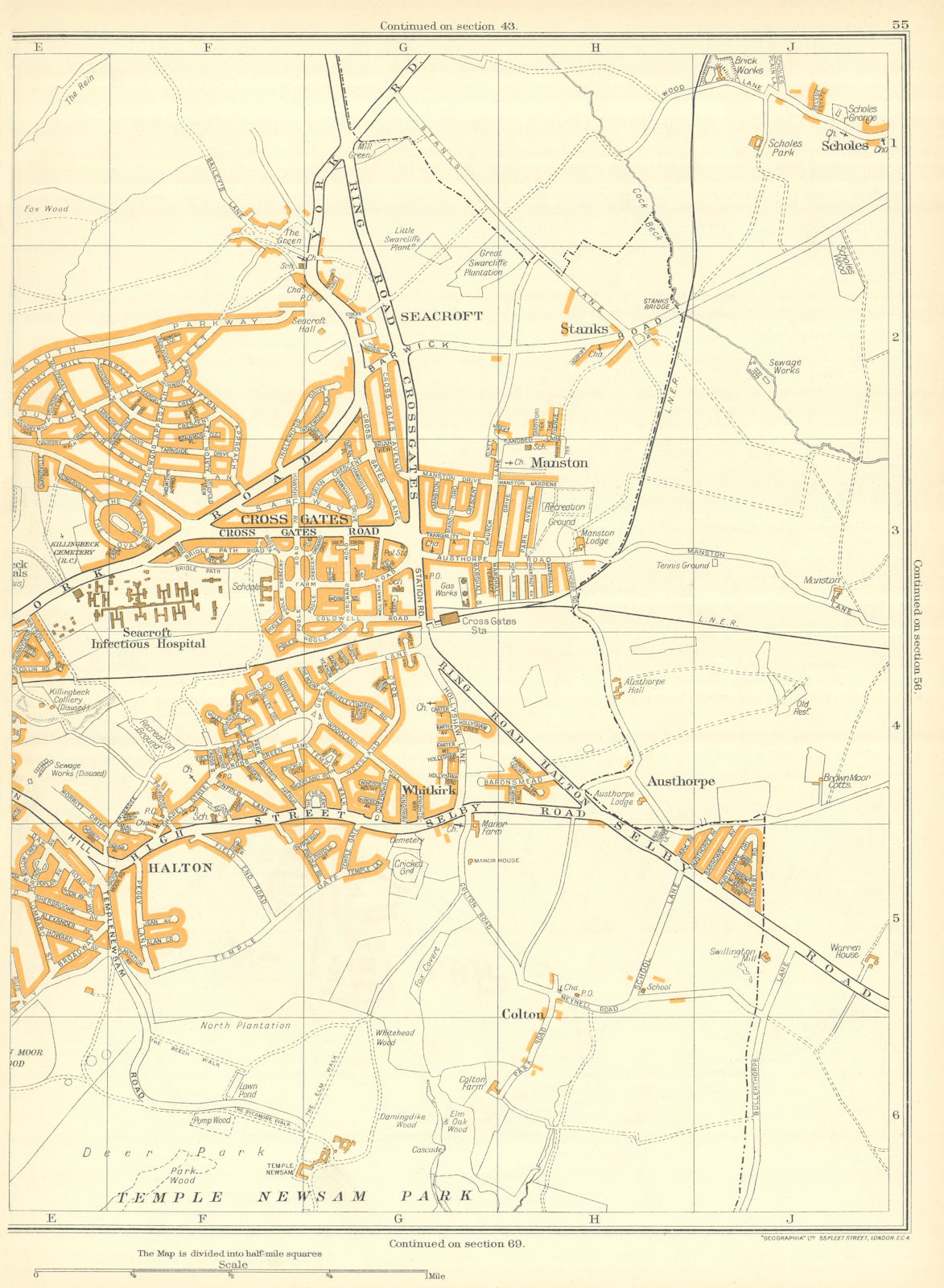 LEEDS Seacroft Stanks Halton Colton Whitkirk Manston Cross Gates 1935 old map