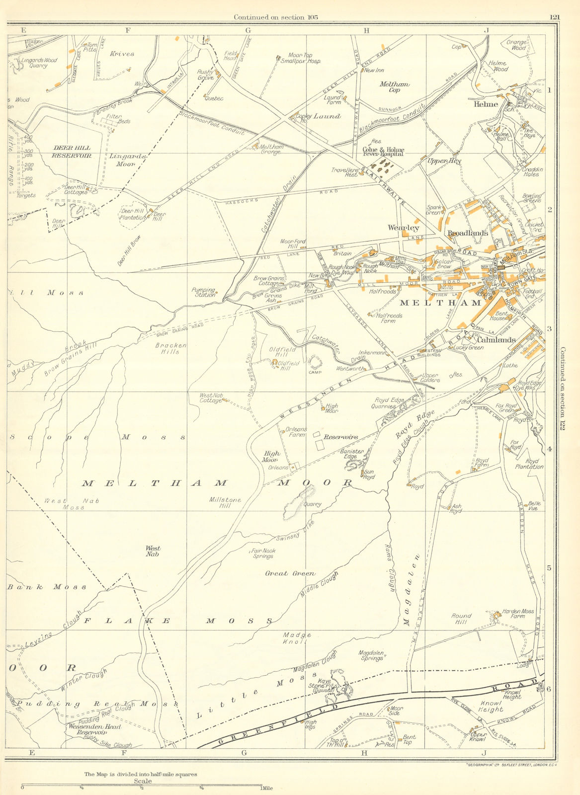 Associate Product MELTHAM Meltham Moor Flake Moss Helme Calmlands Broadlands Wearley 1935 map