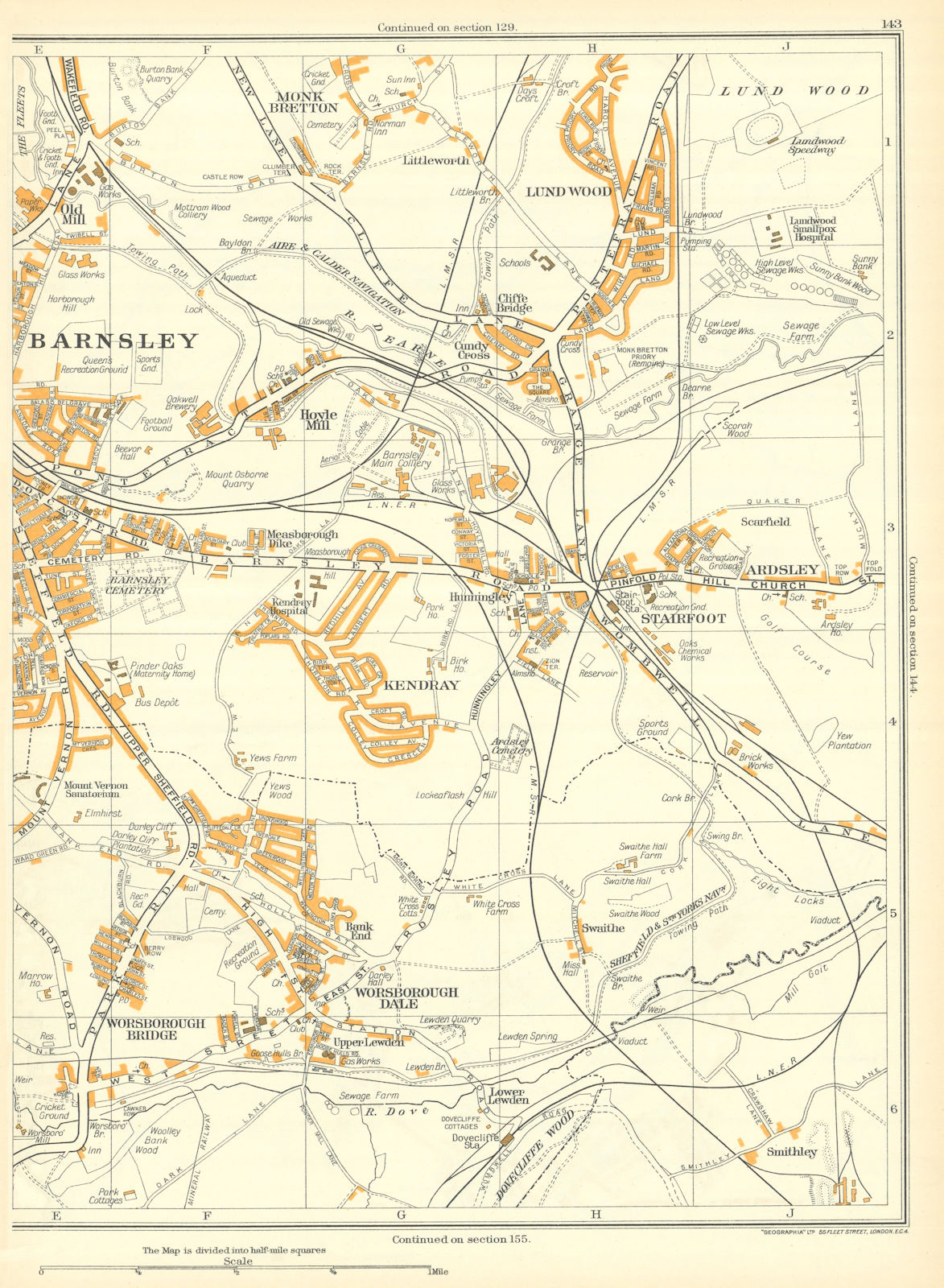Associate Product BARNSLEY Worsbrough Bridge Stairfoot Lundwood Kendray Monk Bretton 1935 map