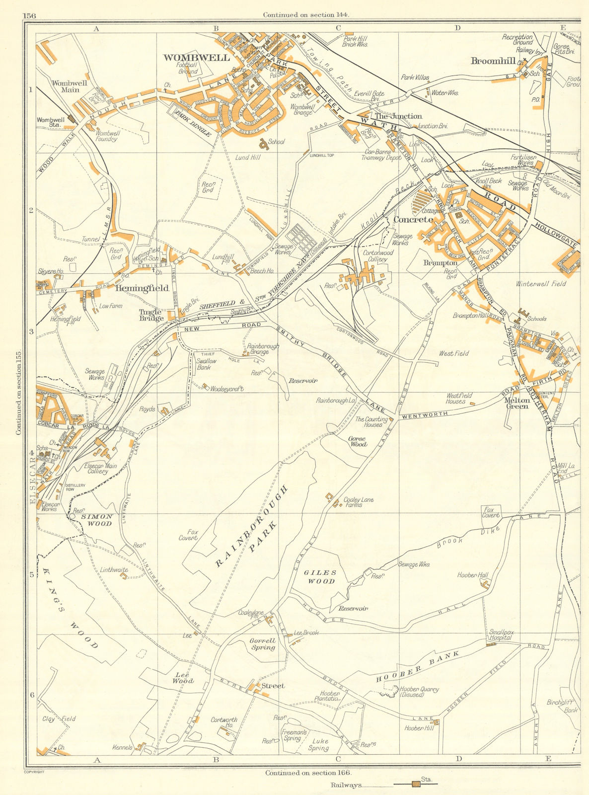YORKSHIRE Broomhill Wombwell Brampton Hoyland Hemingfield Elsecar 1935 old map