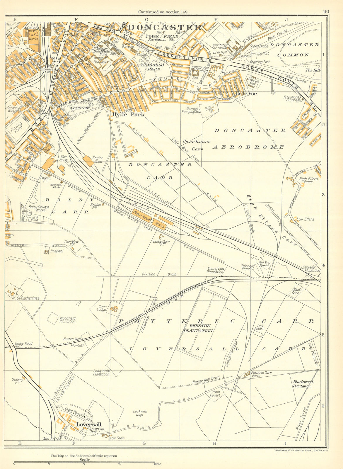 DONCASTER Doncaster Carr Hyde Park Pottering Carr Balby Carr Loversall 1935 map