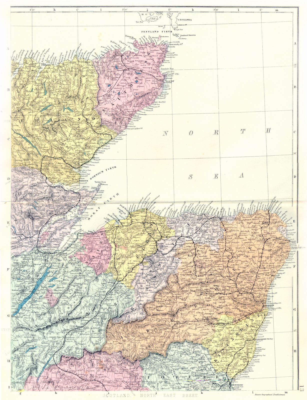 SCOTLAND North East. Moray Firth Aberdeen Elgin Caithness Banff. Bacon 1895 map