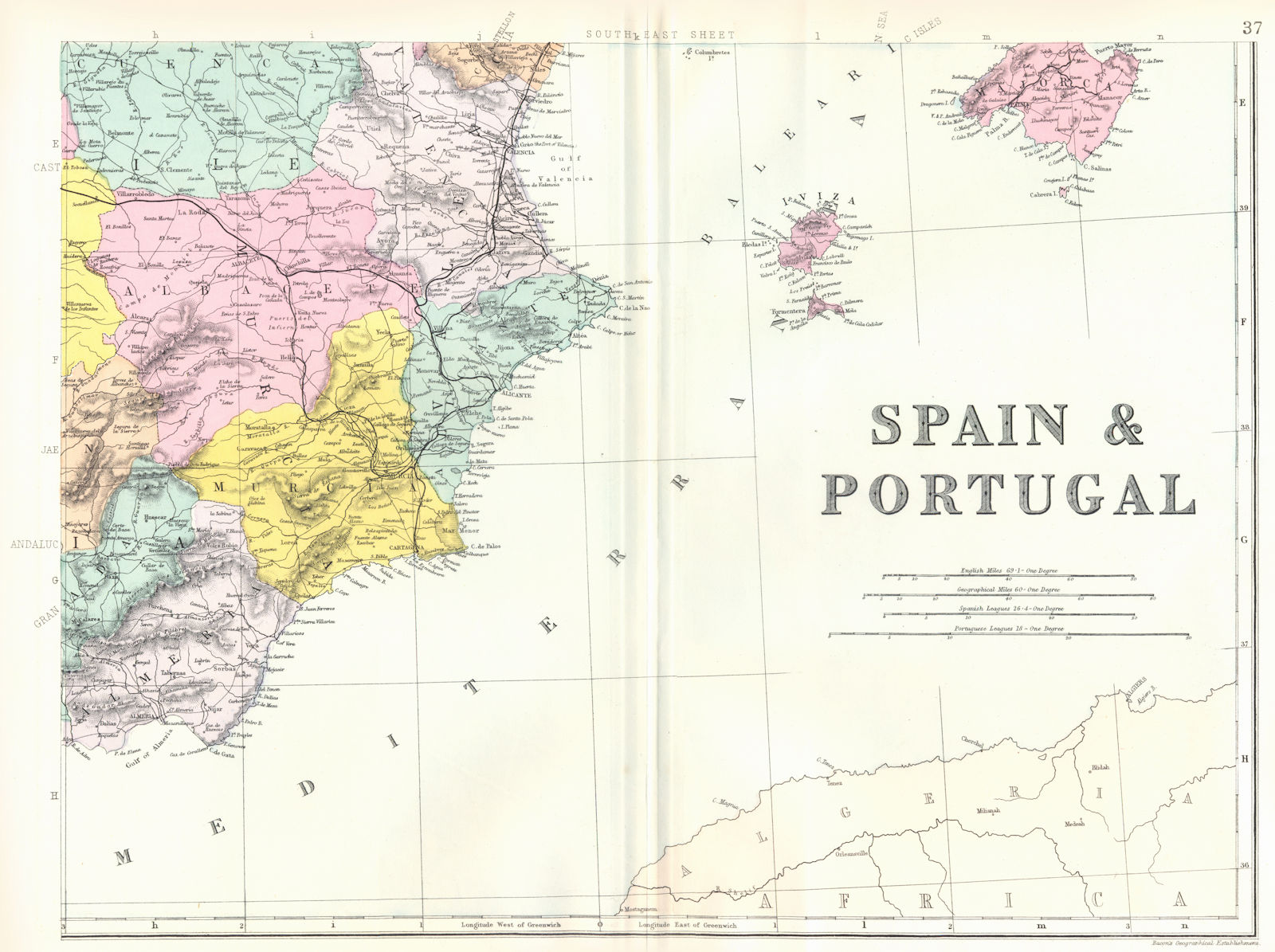 Associate Product SPAIN SW. Murcia Valencia Castile La Mancha Balearic islands. Bacon 1895 map