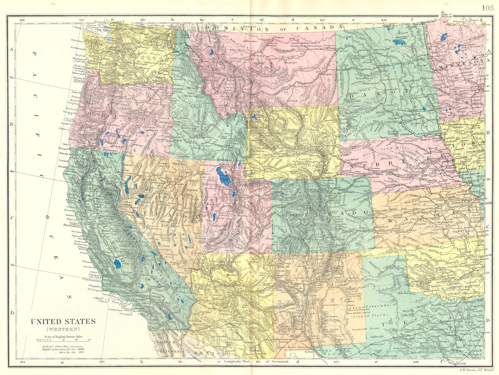 USA WEST. California Nevada Oregon Washington Idaho Wyoming etc. Bacon 1895 map