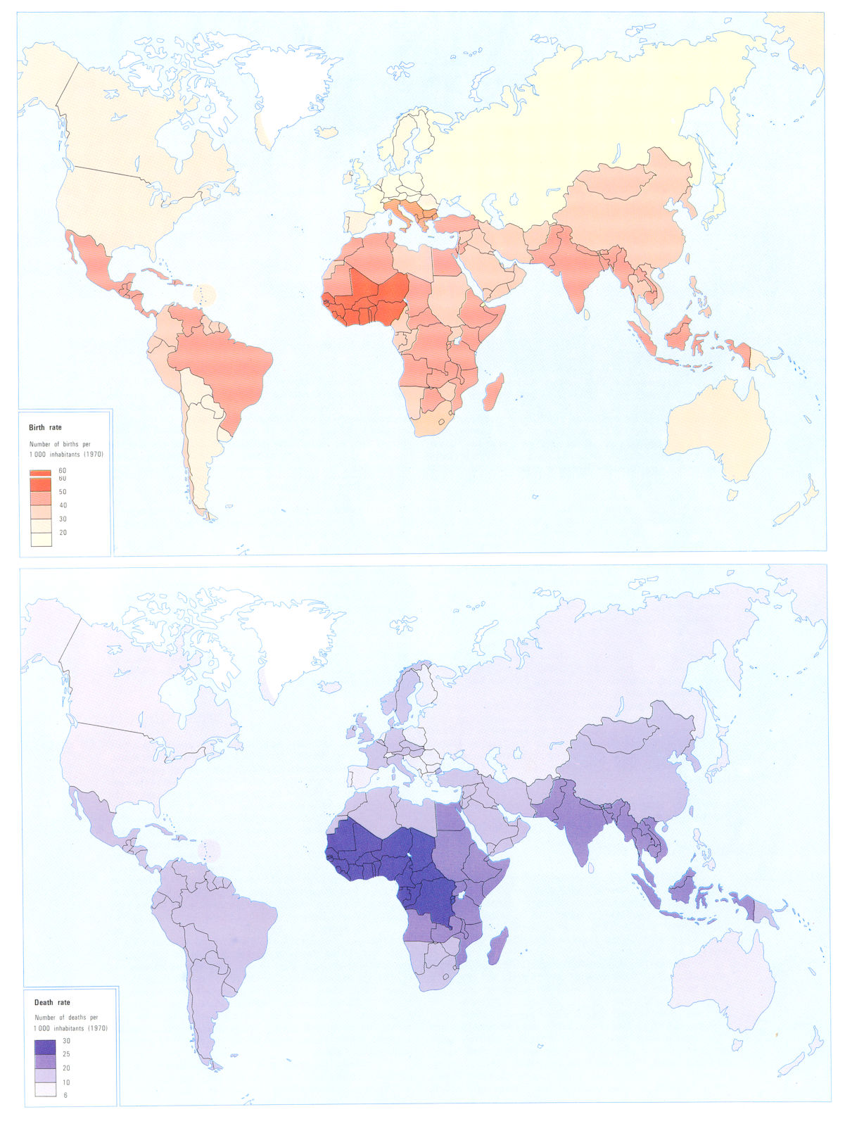 Associate Product AFRICA. Africa and World population; Birth rate; Death rate 1973 old map