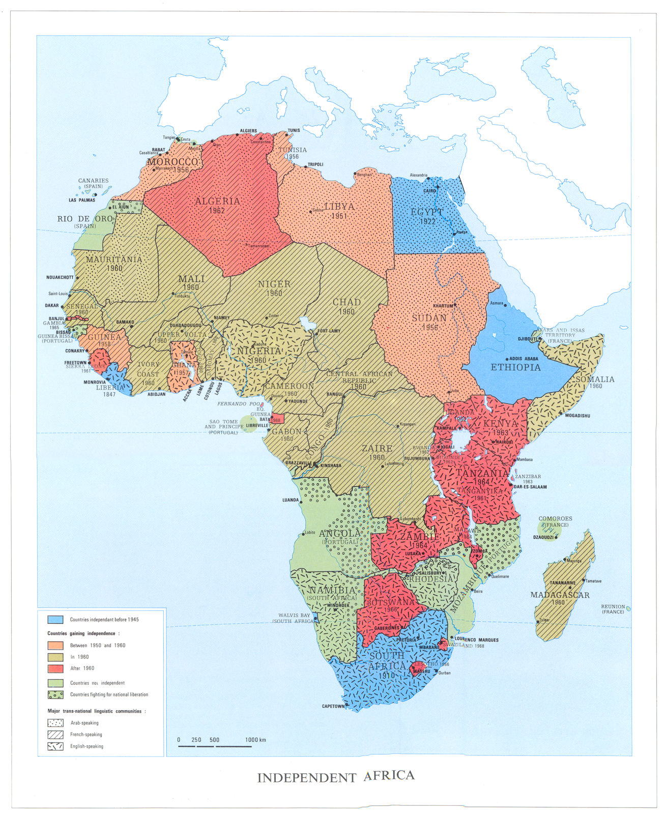 Associate Product AFRICA. Independent Africa. Showing year of independence. Linguistic 1973 map