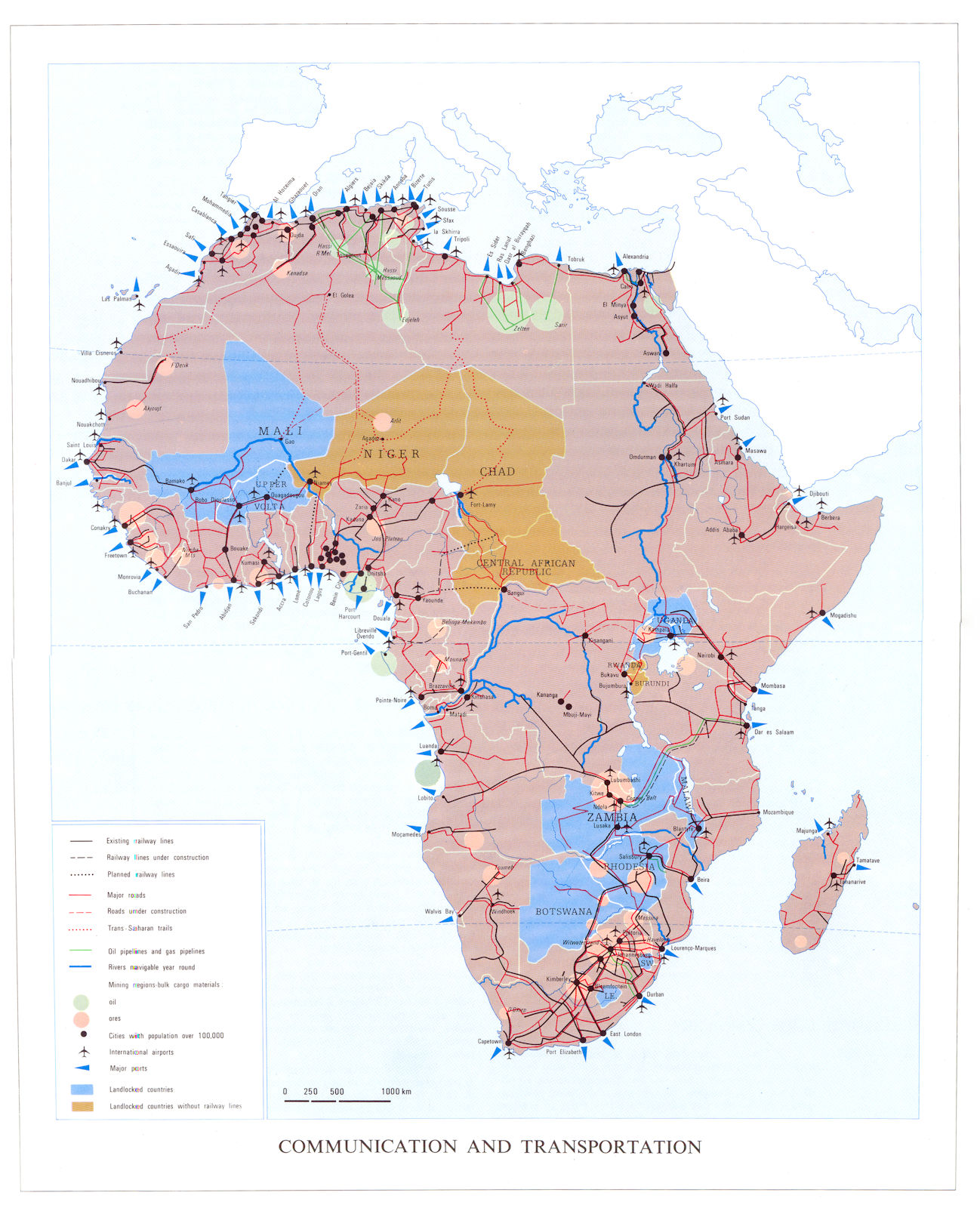 AFRICA. Communication and transportation. Rail roads pipelines ports 1973 map