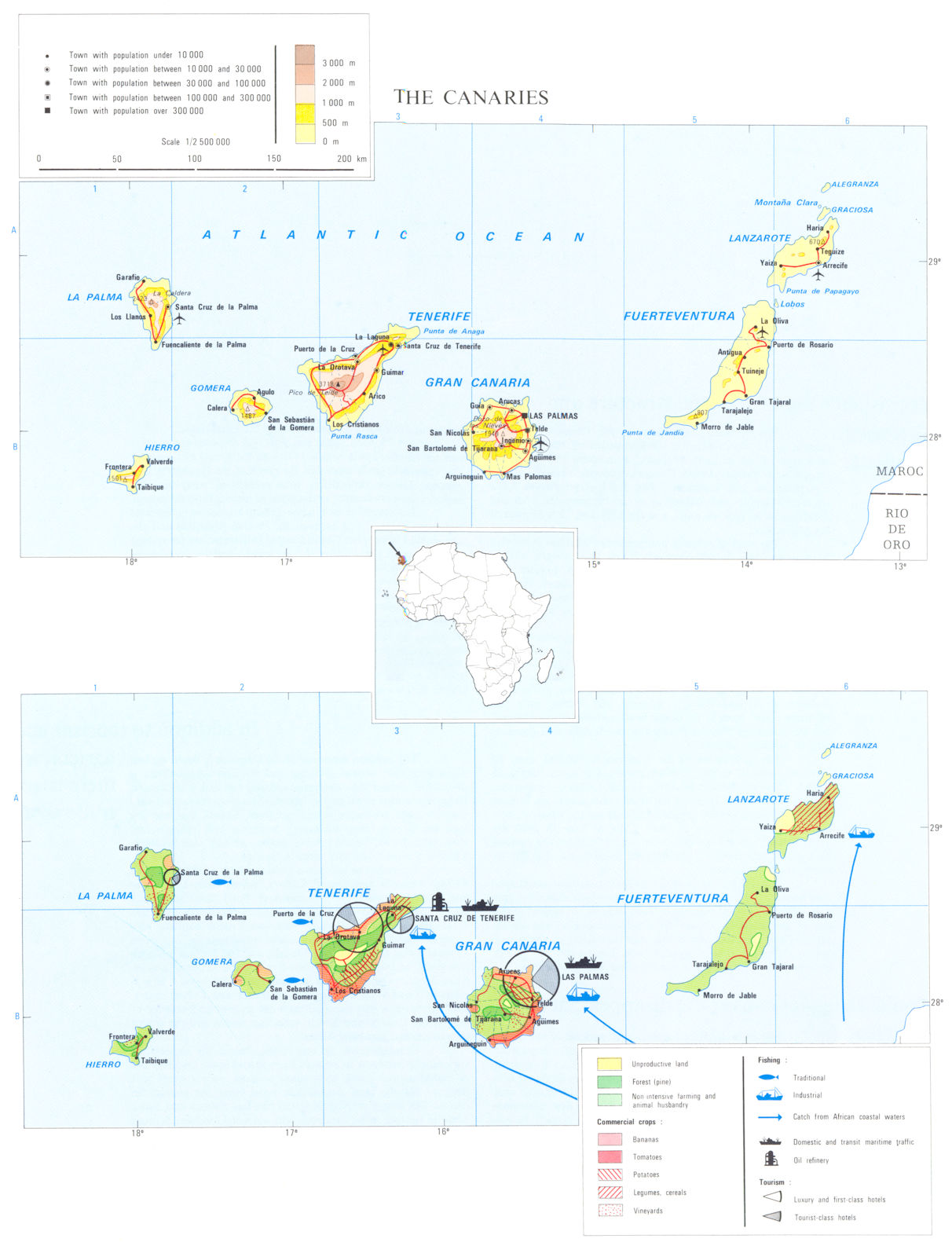 SPAIN. Canaries Canary Islands Islas Canarias. Economy trade industry 1973 map