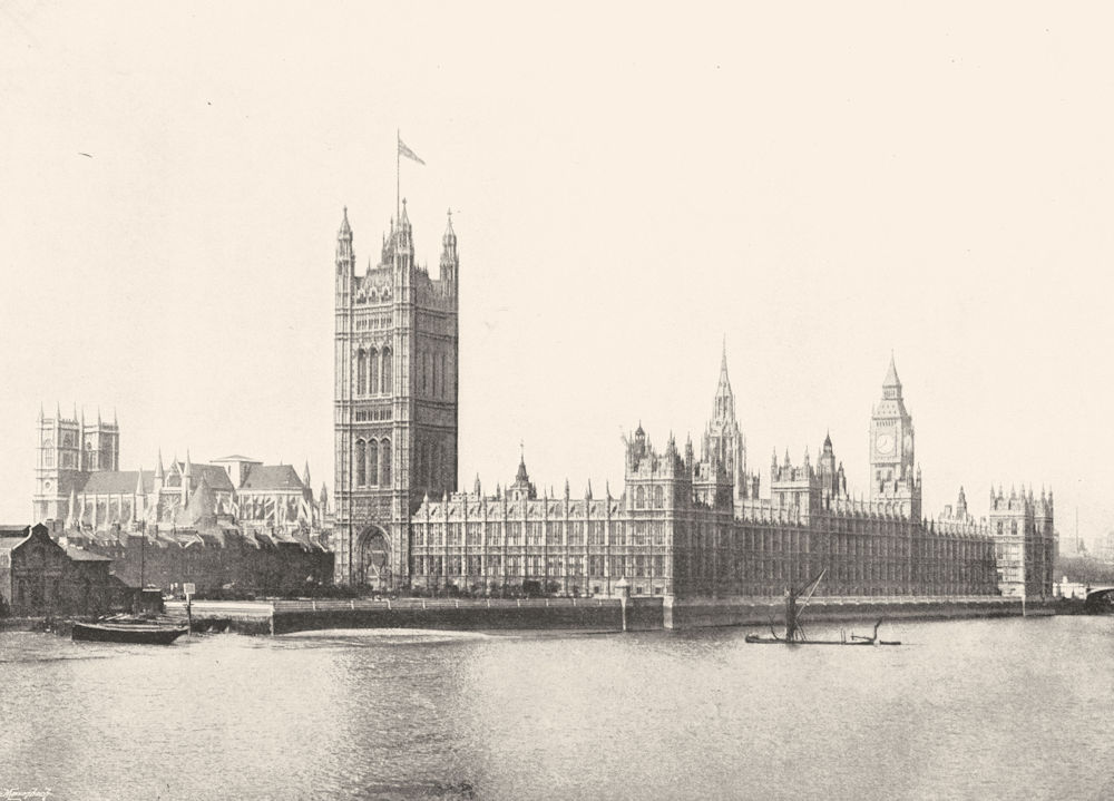 Associate Product LONDON. Houses of Parliament- river. Westminster Abbey 1896 old antique print