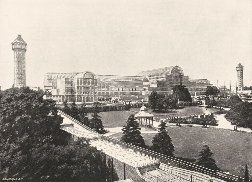 LONDON. Crystal Palace- General view of the Palace, Towers, and Gardens 1896