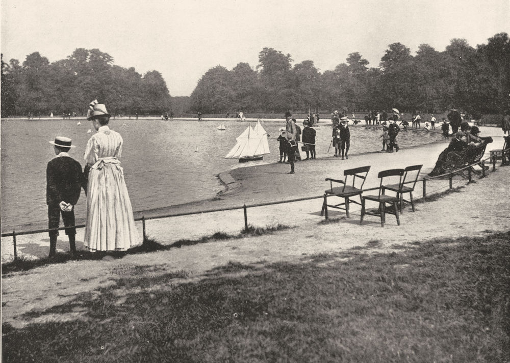 LONDON. Kensington Gardens- The Round Pond 1896 old antique print picture