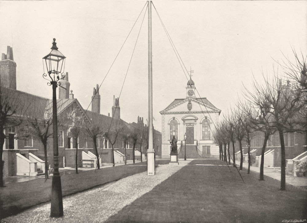LONDON. The Trinity Almshouses- A Quiet bit of the Mile End Road 1896 print
