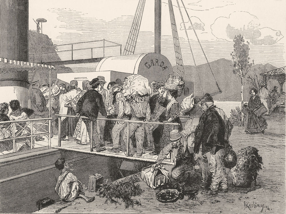 Associate Product ITALY. Lago Di Garda. Departure of a Steamboat from Peschiera 1877 old print
