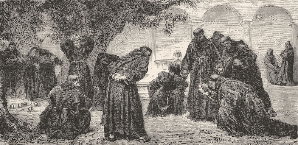 ITALY. In Emilia. Monks playing Bowls 1877 old antique vintage print picture