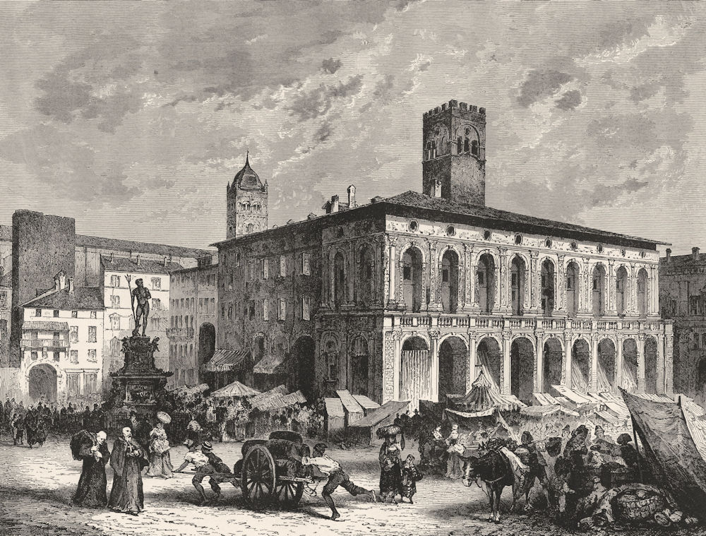 Associate Product ITALY. In Emilia. Market- place, with the fountain of Neptune Bologna 1877