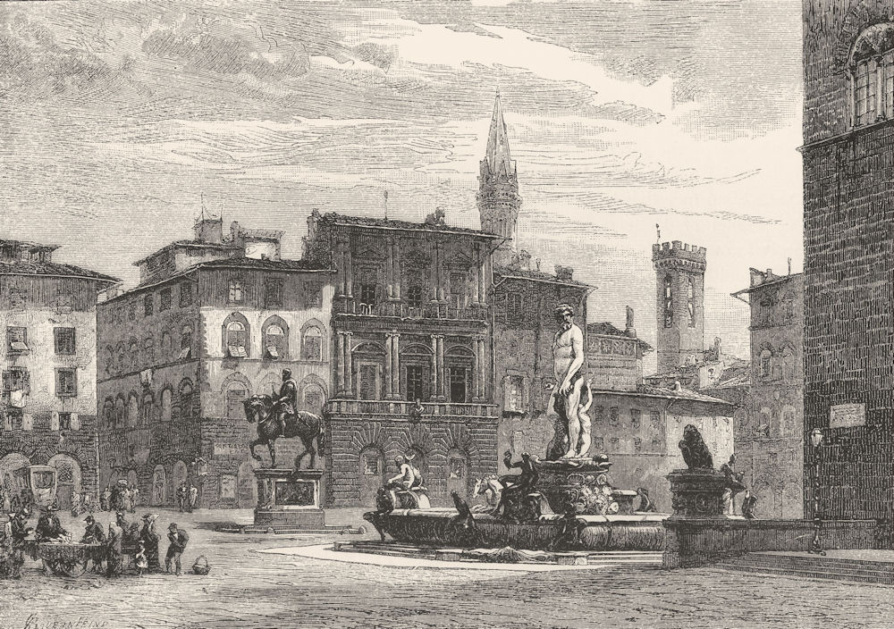 ITALY. Florence. Fountain of Neptune in the Piazza Della Signoria 1877 print