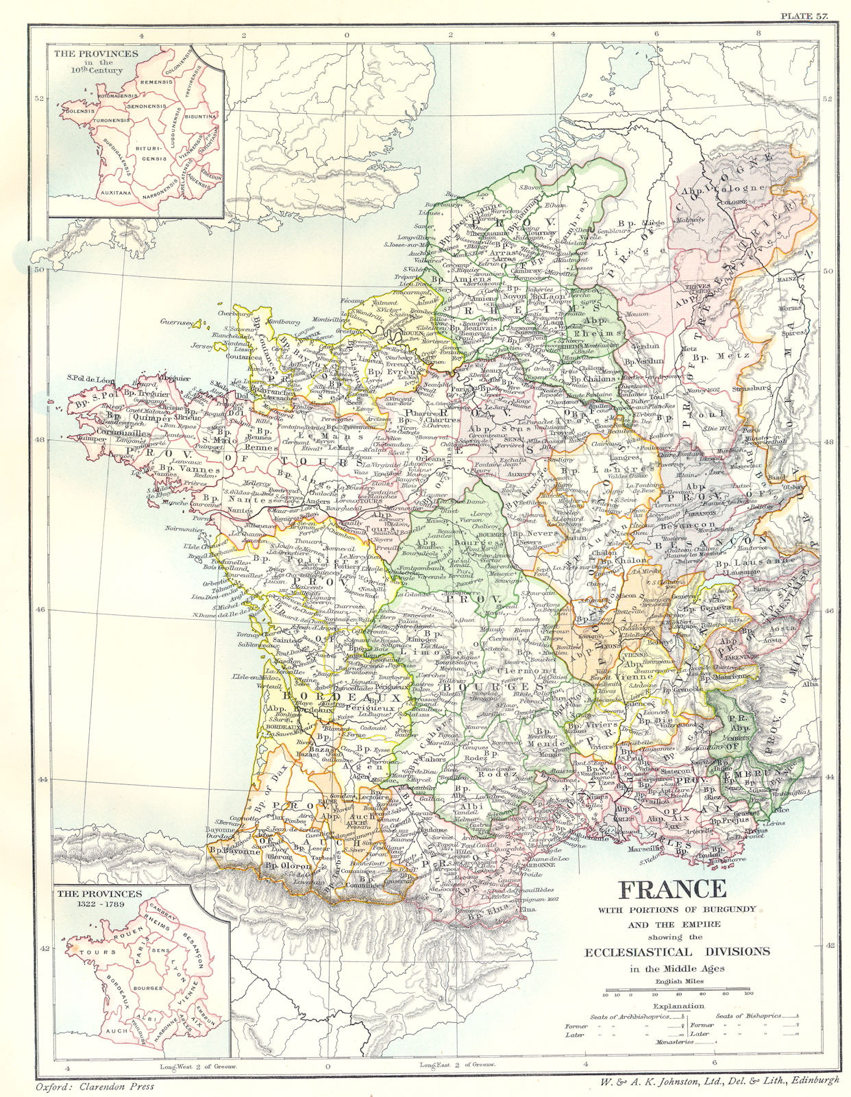 FRANCE.Ecclesiastical divisions Middle ages;Provinces 10C;1322-1789 1903 map