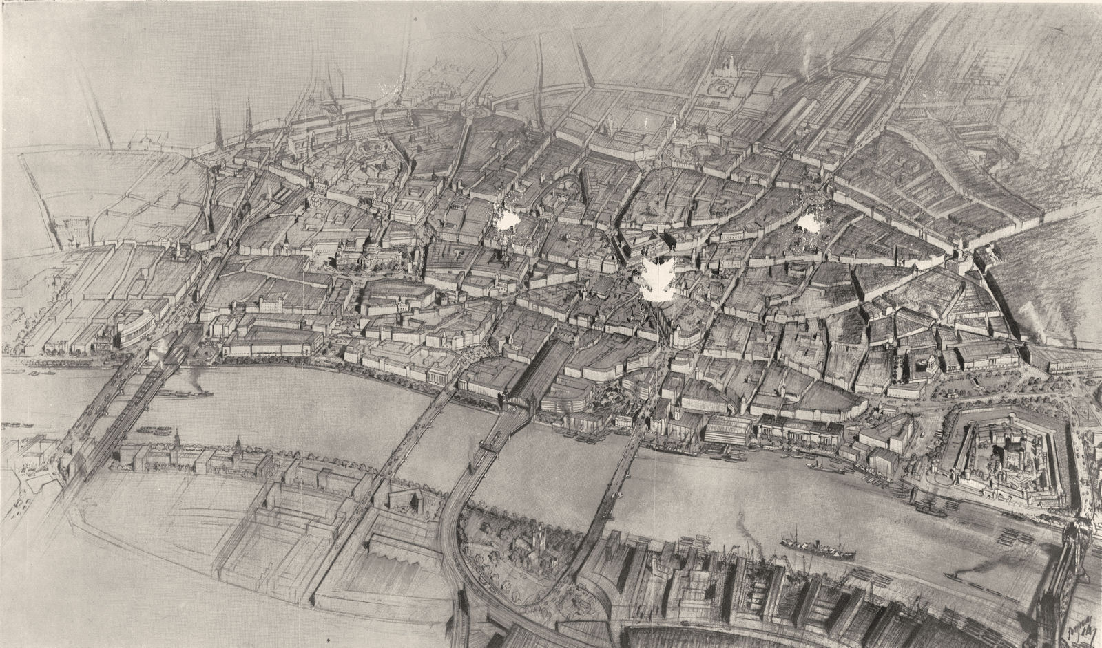 Associate Product CITY OF LONDON. Bird's- eye general view from the South 1944 old vintage print