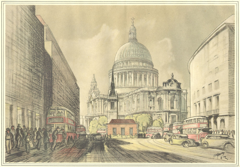 LONDON. Eye-Level view St Paul's Cathedral widened Watling Street 1944 print