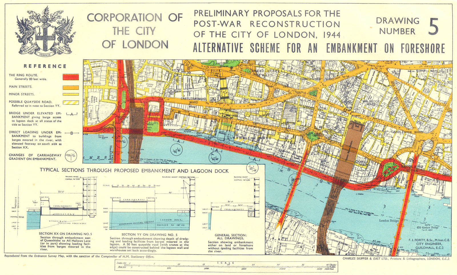 CITY OF LONDON.Post-war Thames embankment proposed scheme 1944 old vintage map