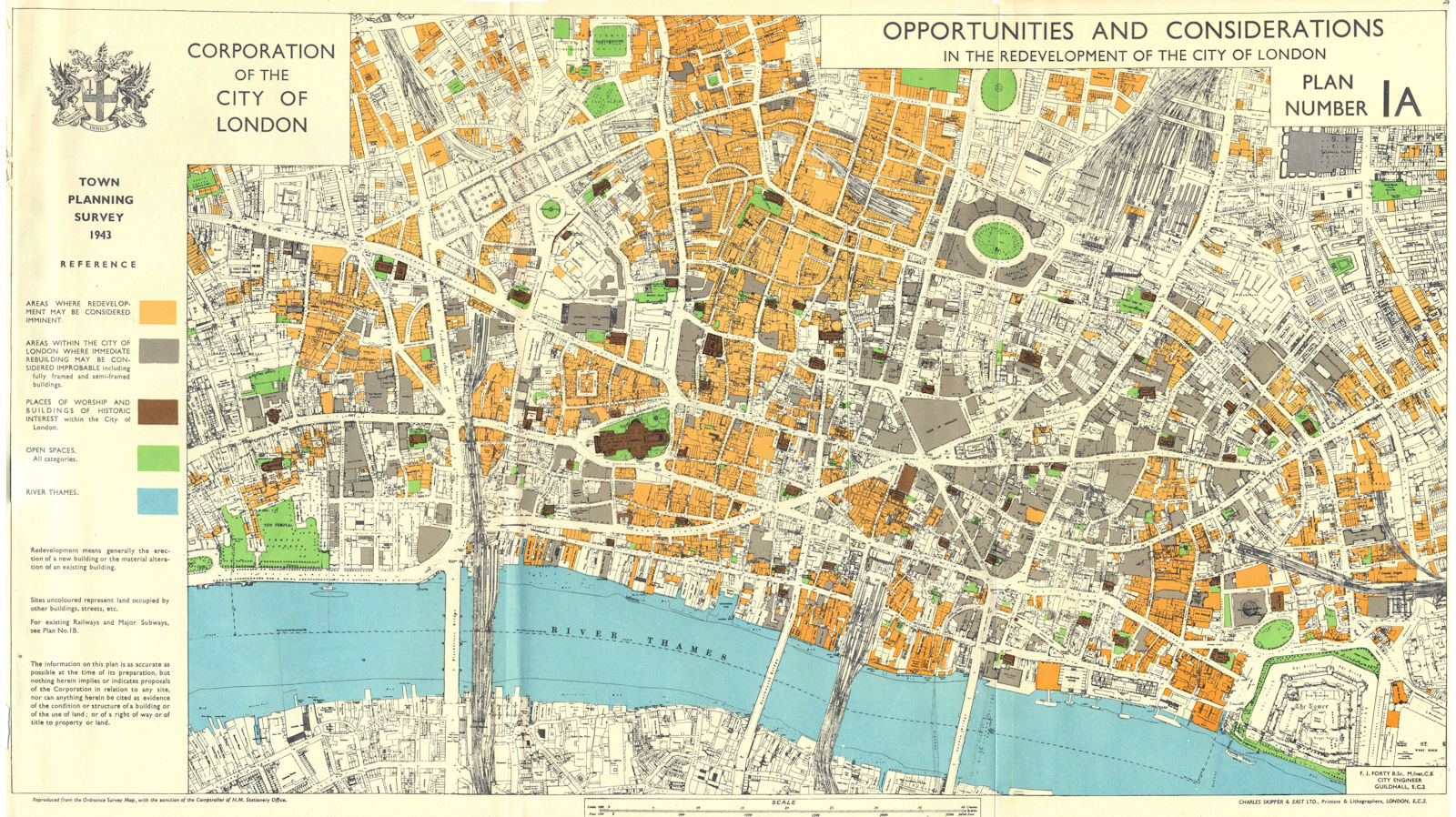 CITY OF LONDON.1943 survey. POST-WAR REDEVELOPMENT OPPORTUNITIES 1944 old map