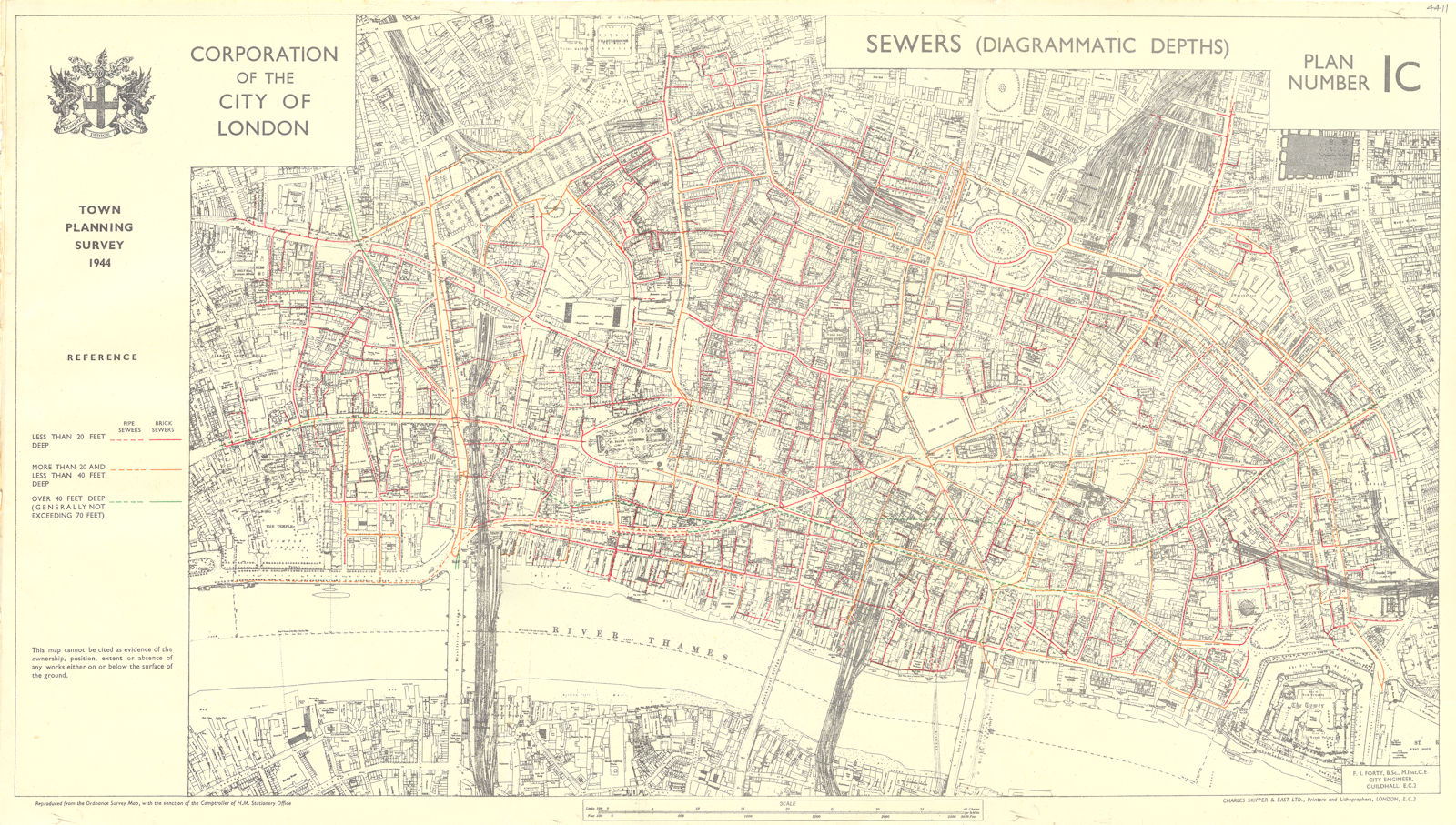 Associate Product CITY OF LONDON. Town planning survey 1944. SEWERS 1944 old vintage map chart