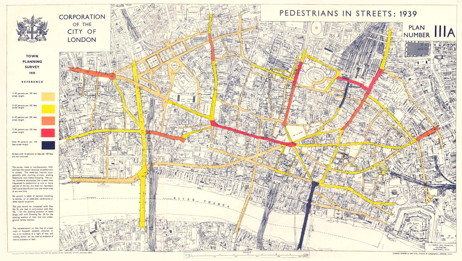CITY OF LONDON. Town planning survey 1939. PEDESTRIANS IN STREETS 1944 old map