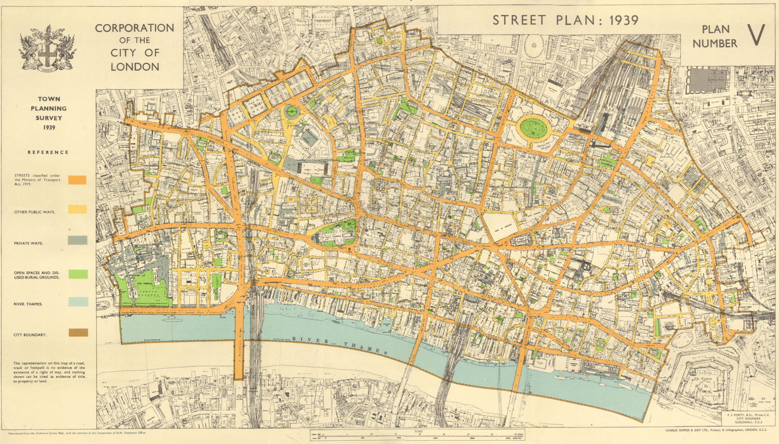 CITY OF LONDON. Town planning survey 1939. STREET PLAN 1944 old vintage map