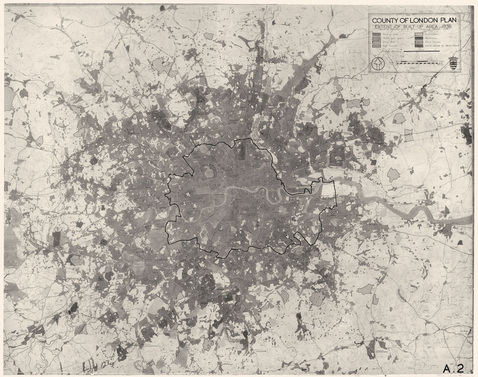 LONDON.Sprawl & Density of Development;plan Extent built up area,1938 1943 map